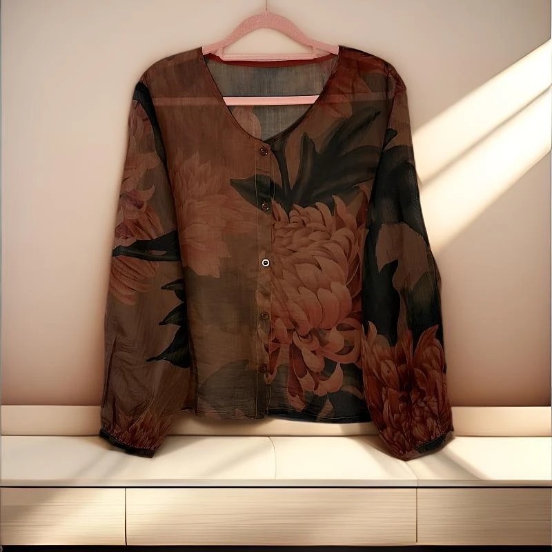 25102花朵花苞袖短款宽松型圆领衬衫印花大码雪纺衫时尚长袖气质