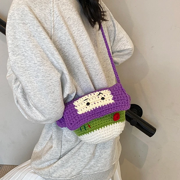 手工钩织包包巴斯光年卡通手机包三眼怪毛线编织儿童单肩斜挎包