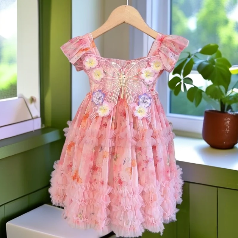 【H1609】2025新款粉色碎花蝴蝶翅膀甜美女童夏款网红公主裙