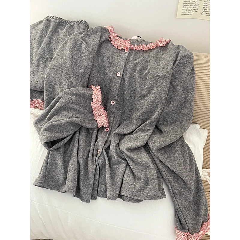 少女双面德绒睡衣女秋冬季甜美拼接荷叶边长袖长裤格子家居服套装