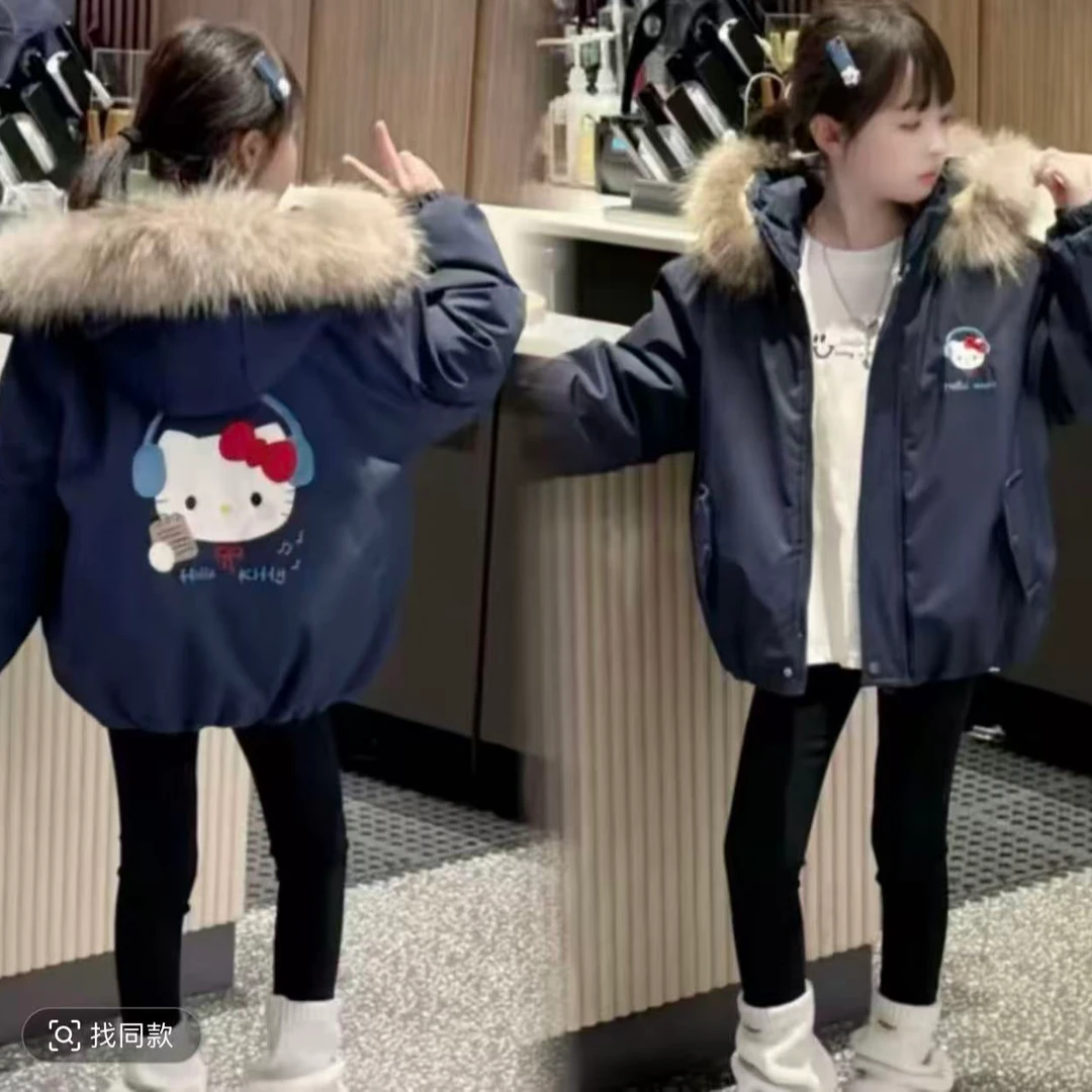 (真毛领）女童秋冬连帽毛领上衣新款儿童卡通凯蒂猫加绒派克服
