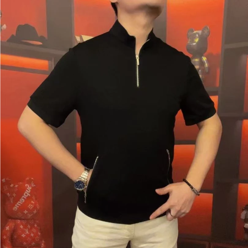 【顺丰包邮】立领男商务休闲男士纯色轻奢百搭半袖黑色半立领百搭76