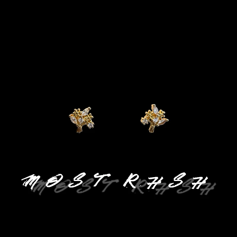 合金锆石耳饰 简约风森耳钉双层耳饰超闪简约镶钻小众森系耳环