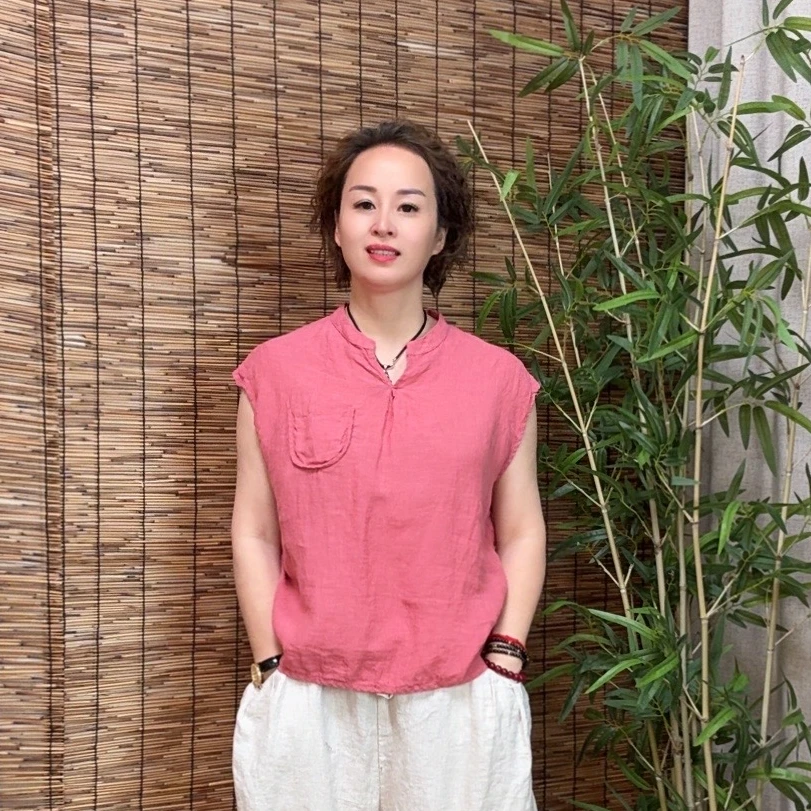 新款时尚v领亚麻无袖背心百搭宽松简约休闲