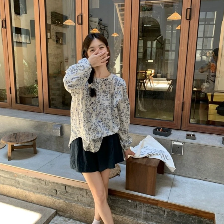 全额运费补贴圆领长袖秋季碎花系带拼接衬衫轻熟风宽松型单排多扣