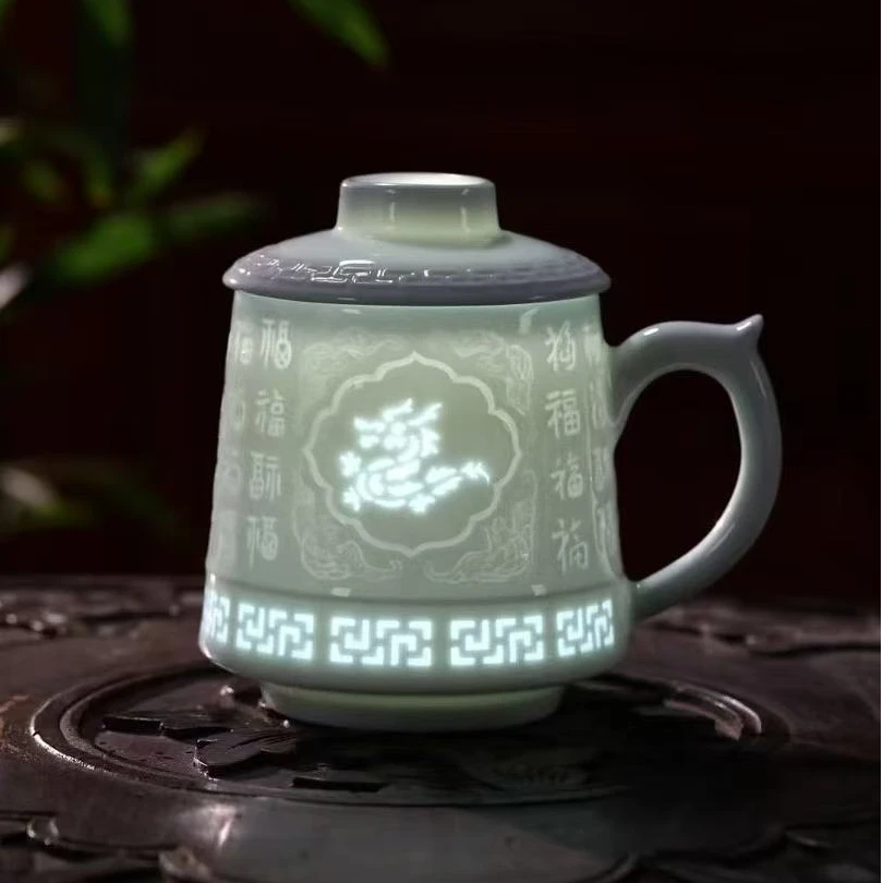 景德镇玲珑瓷办公杯茶水分离杯陶瓷12生肖带茶漏茶杯高档个人专用