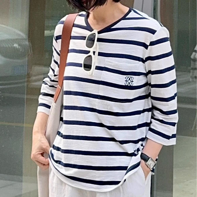 ZZ·DANGDANG【经典永恒】全棉刺绣七分袖T恤蓝白条纹圆领女10625021