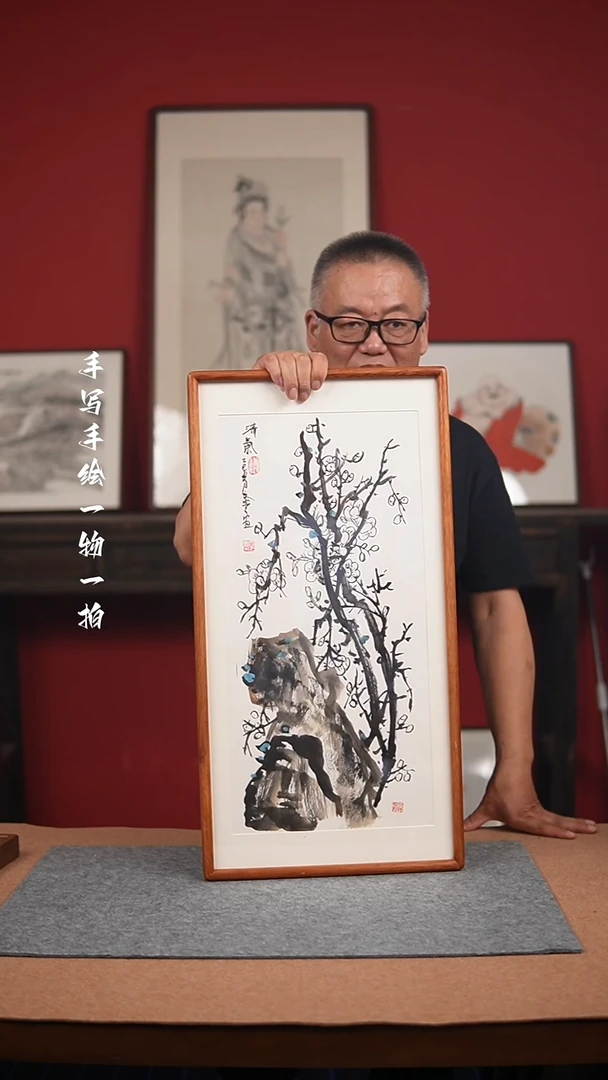 国画手绘-36*69实木框花鸟