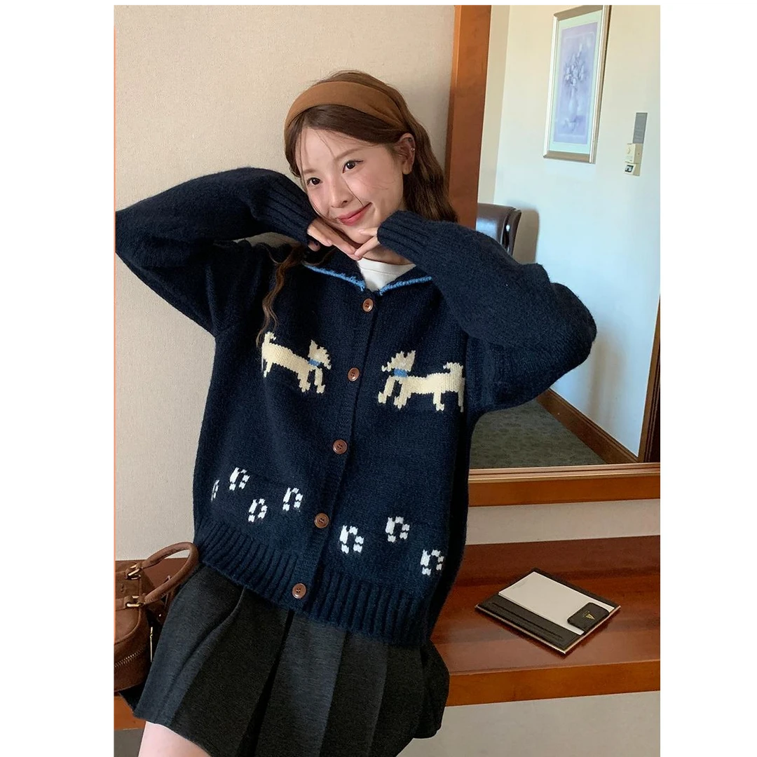 陆小团团小狗软糯毛衣开衫2025秋季新款复古宽松显瘦慵懒风上衣女