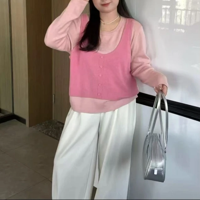 9093#大码女装早秋新品撞色圆领薄款显瘦百搭长袖针织衫气质针织