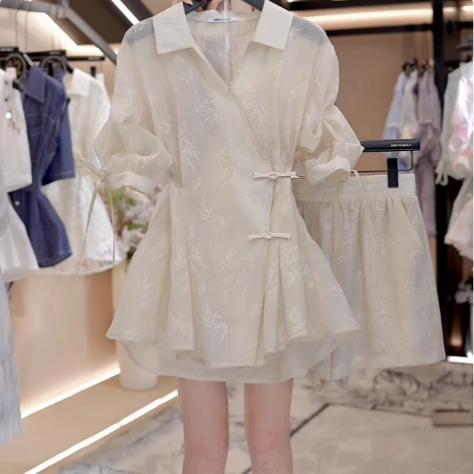 【三件套】“空山新竹”新中式国潮竹子提花气质套装女V领衬衫短裤