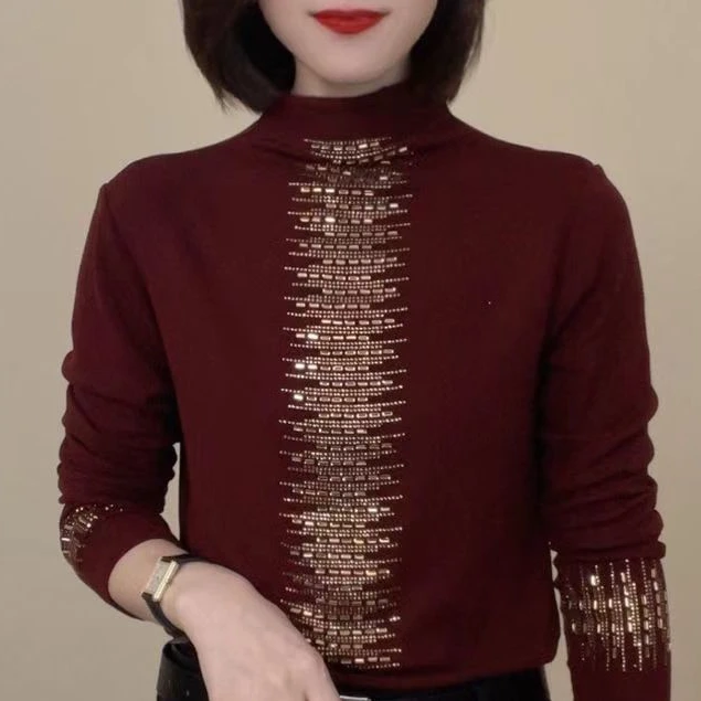 新款半高领纯色烫钻长袖休闲T恤气质修身上衣