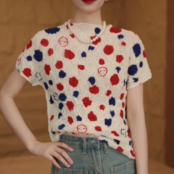 新款褶皱手工气质捏褶抖抖经典波点款显瘦洋气T恤复古上衣