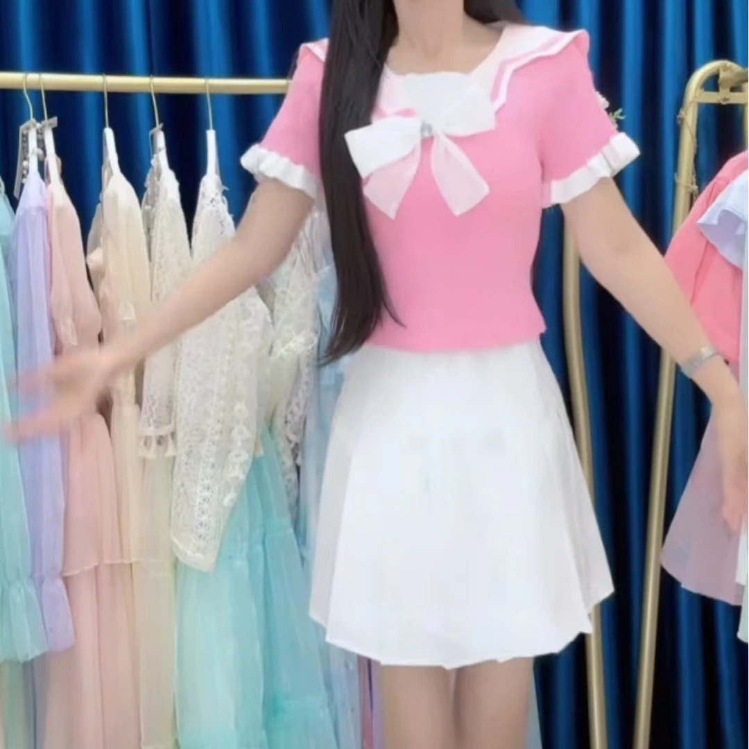 T恤女2025夏季新款冰丝短袖海军领蝴蝶结针织衫甜美百搭修身套装