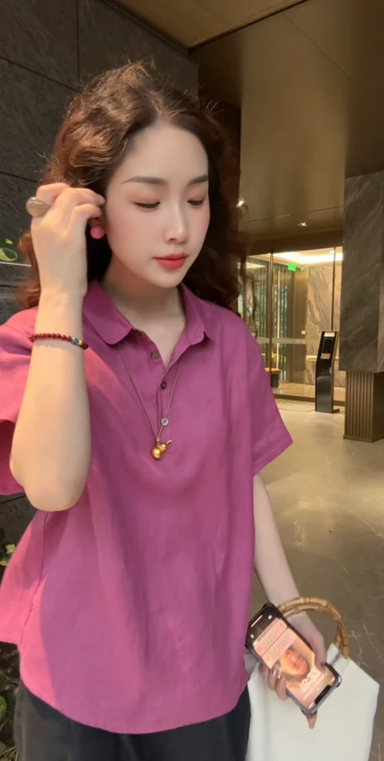 月月自制 100%天然亚麻树莓粉翻领衬衫女2025夏季新款