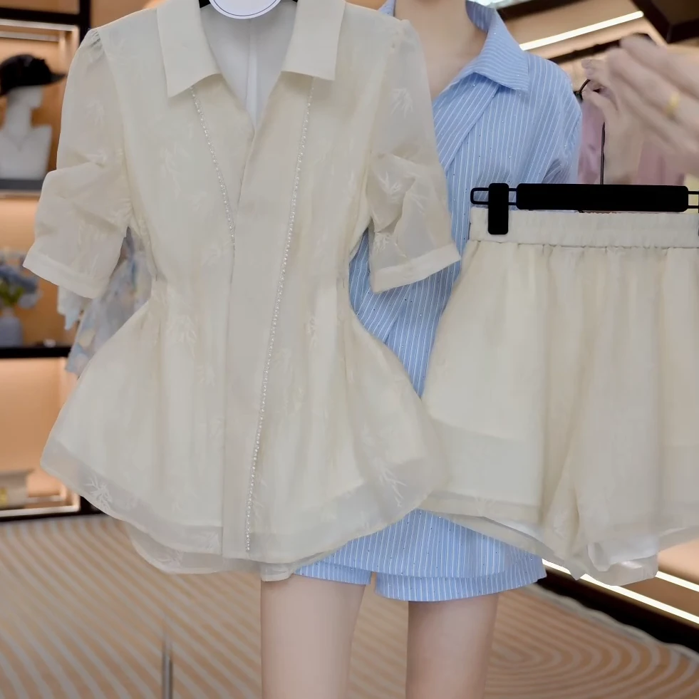 “墨竹听风”夏季国风新款气质个性遮肉显瘦衬衫套装C5183