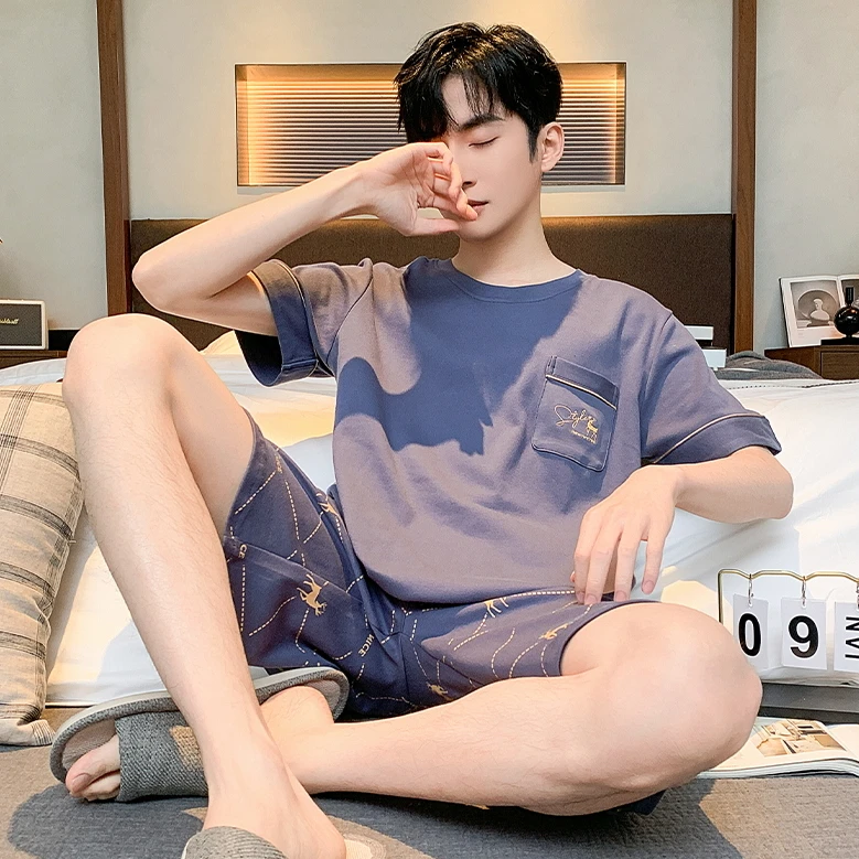 纯棉男士睡衣夏季短袖短裤圆领简约休闲舒适宽松夏天家居服套装