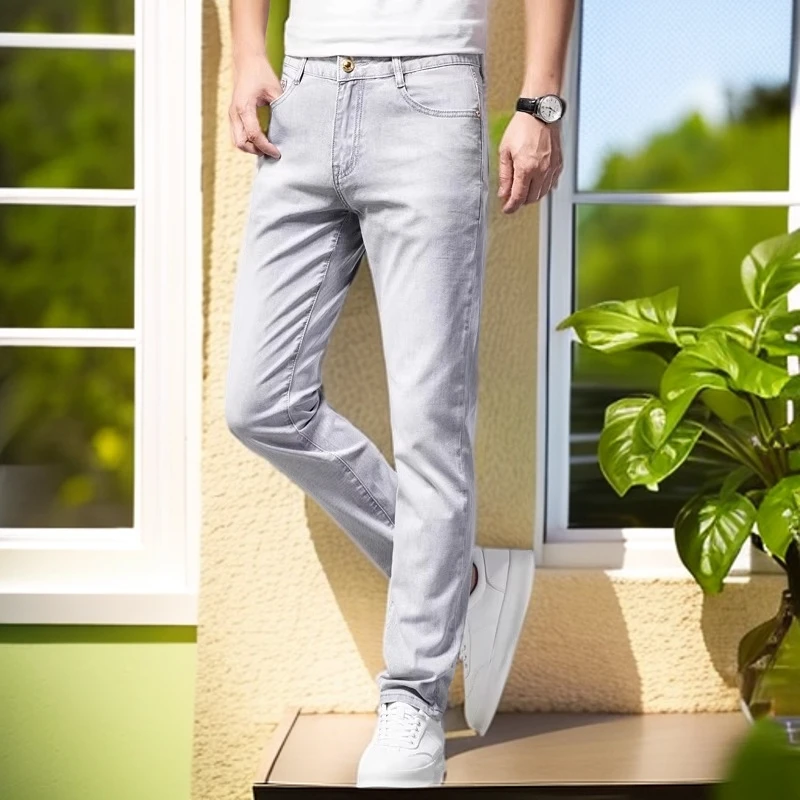 娜罗普西浅灰色牛仔裤男夏季薄款修身小脚弹力潮牌休闲男士长裤子