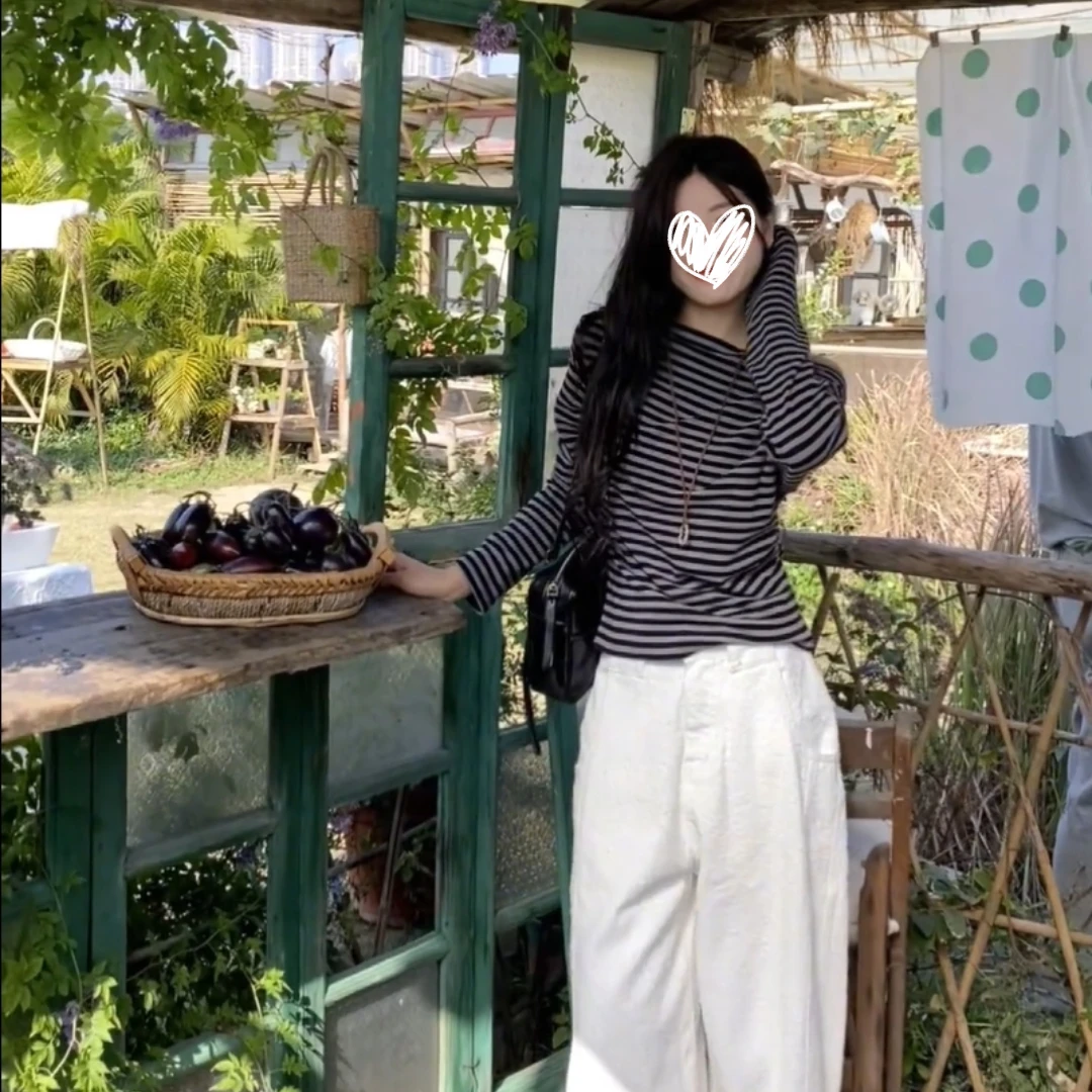 艺等【慵懒条纹】2025秋修身显瘦斜肩露肩设计感小众别致百搭女上衣