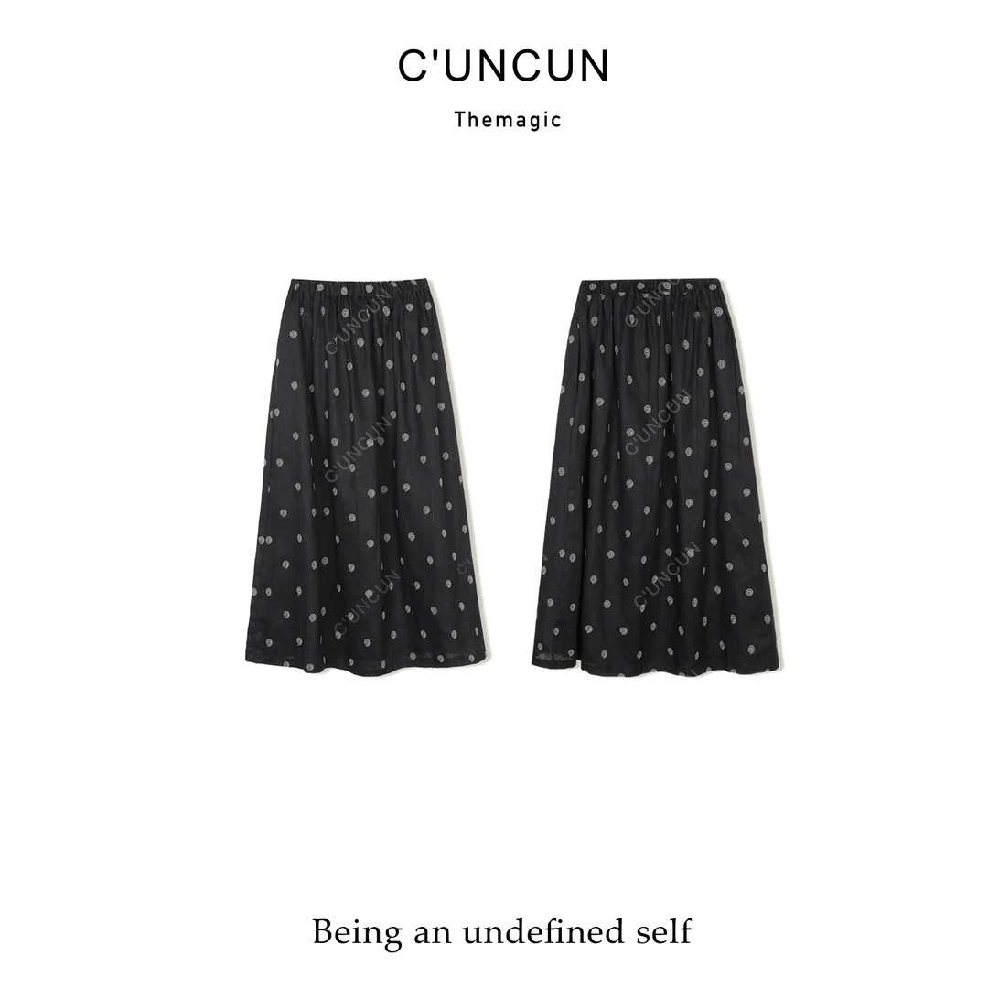 【村村CUNCUN】2025夏新款复古波点亚麻半身裙女显瘦松紧腰裙
