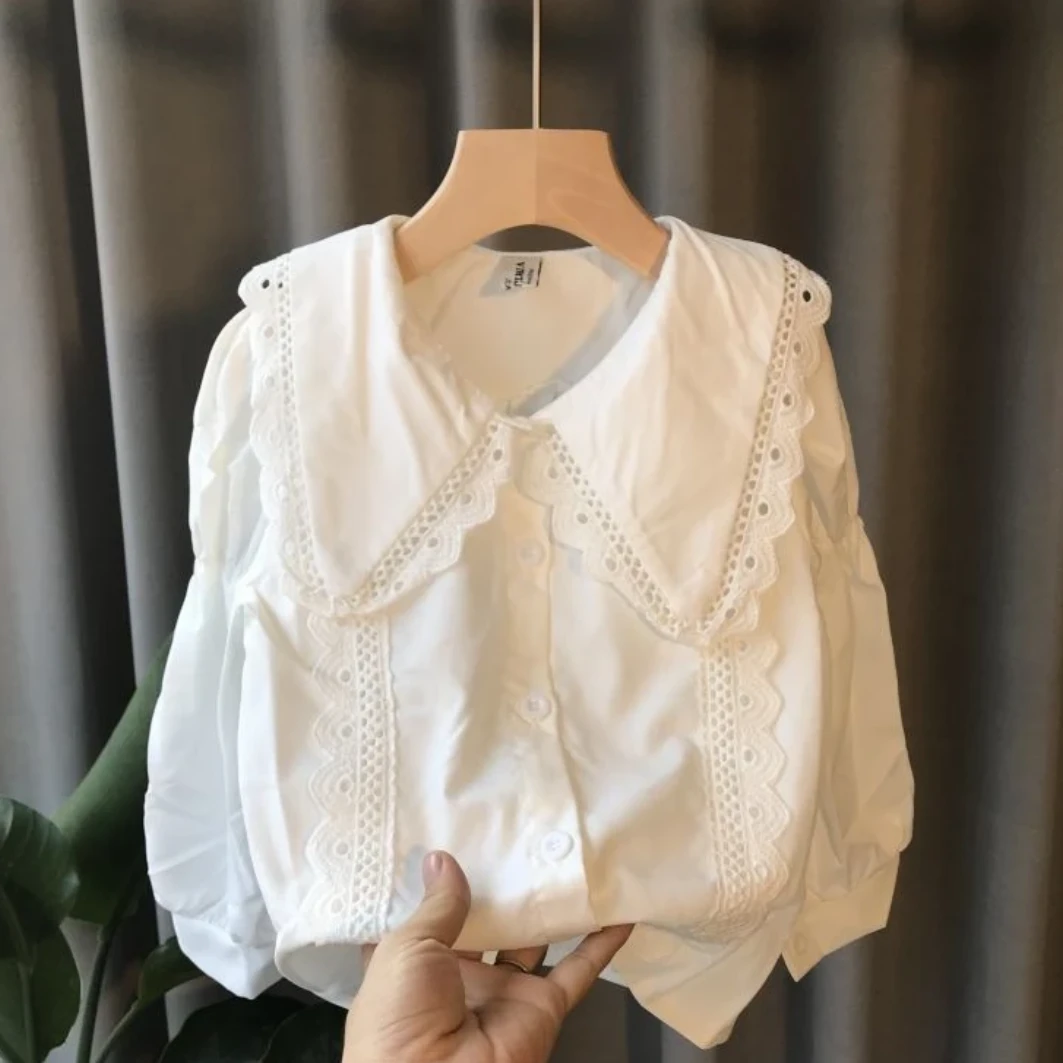春秋款女童纯白色翻领衬衫