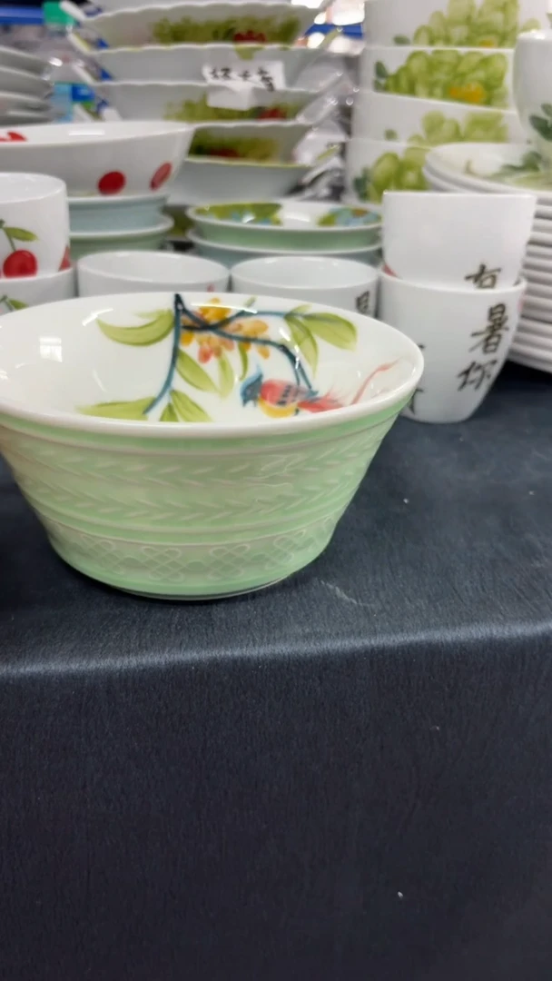 瓷片景德镇高温釉中彩-青釉大斗笠碗绶带鸟