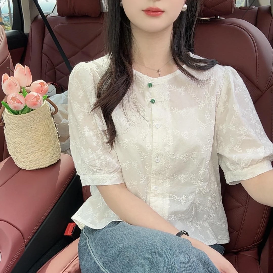 【双绿扣 棉】简约提花刺绣夏款纯棉短款精致感衬衫2025