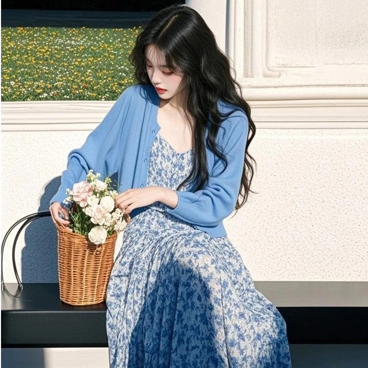 [9-16#]雪纺长裙法式茶歇碎花吊带连衣裙