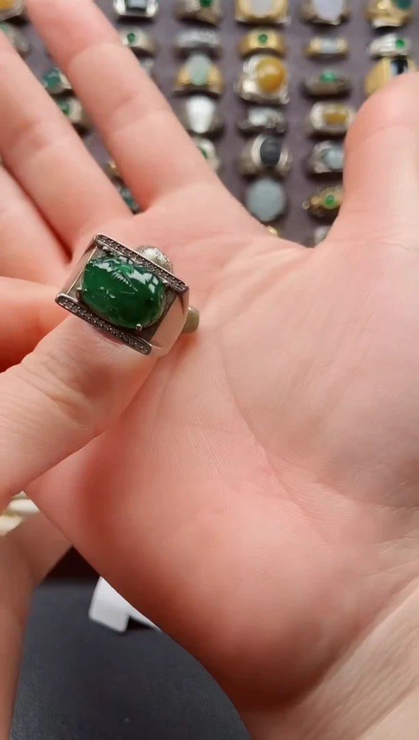 银S925镶嵌戒指翡翠天然翡翠男戒