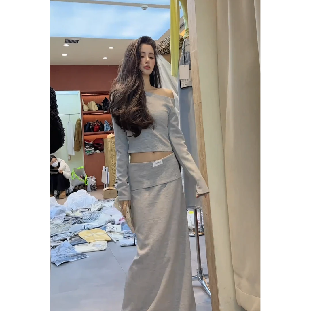 2025春季新款时尚气质纯欲一字肩小众长袖上衣包臀半身裙显瘦套装