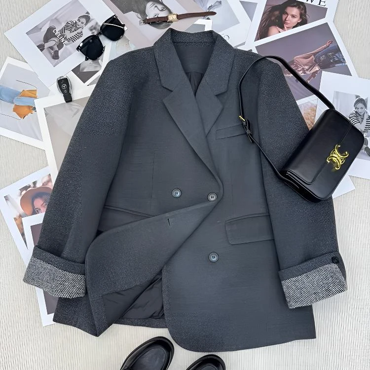 欧货高级感灰色翻领加棉西装外套女2025秋冬新款宽松简约加厚上衣
