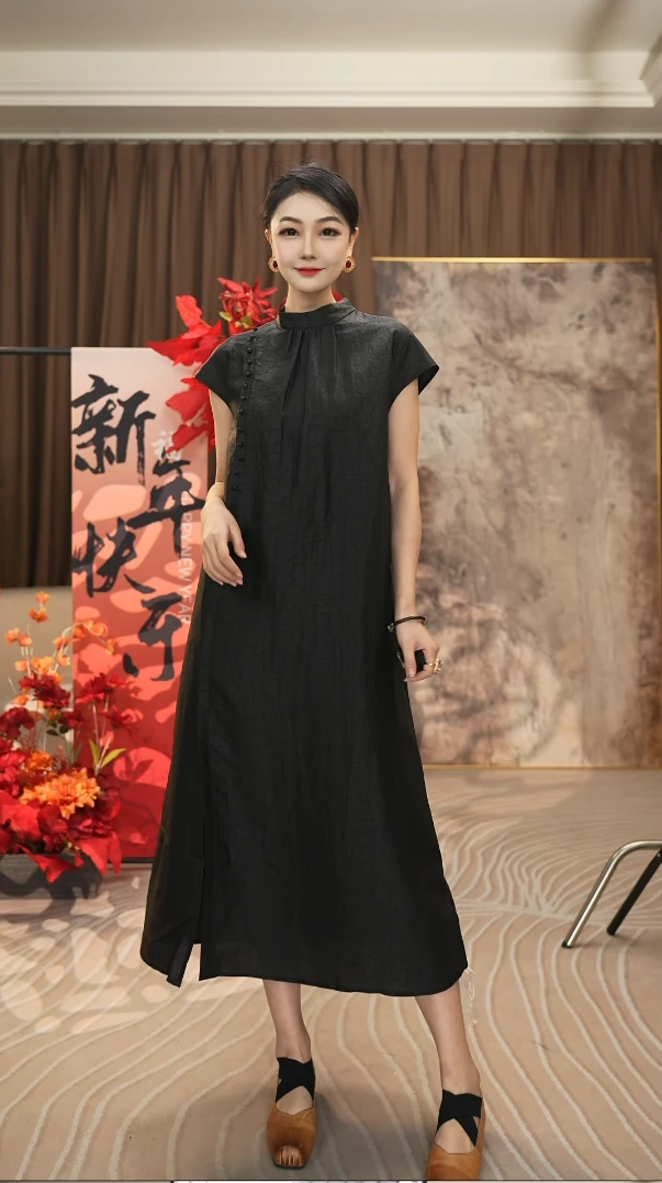 825349 百分百桑蚕丝简约大气小飞袖香云纱连衣裙