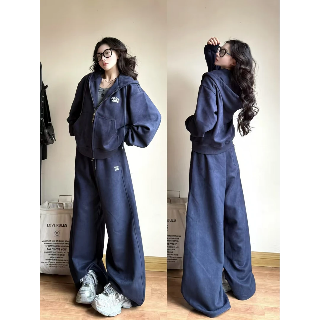 早春宽松连帽休闲卫衣两件套女2025新款韩版慵懒风外套阔腿裤套装