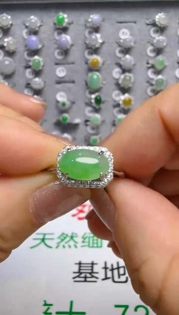 翡翠戒指银S925镶嵌925银镶缅甸A货翡翠戒指