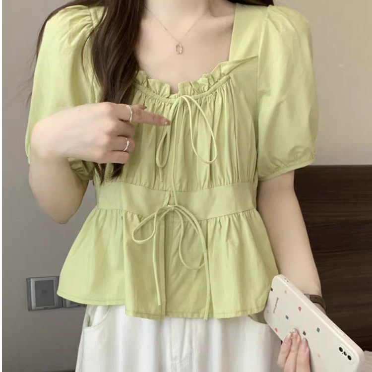 （现货）法式气质方领夏款减龄遮肚显瘦衬衫设计感洋气上衣 228