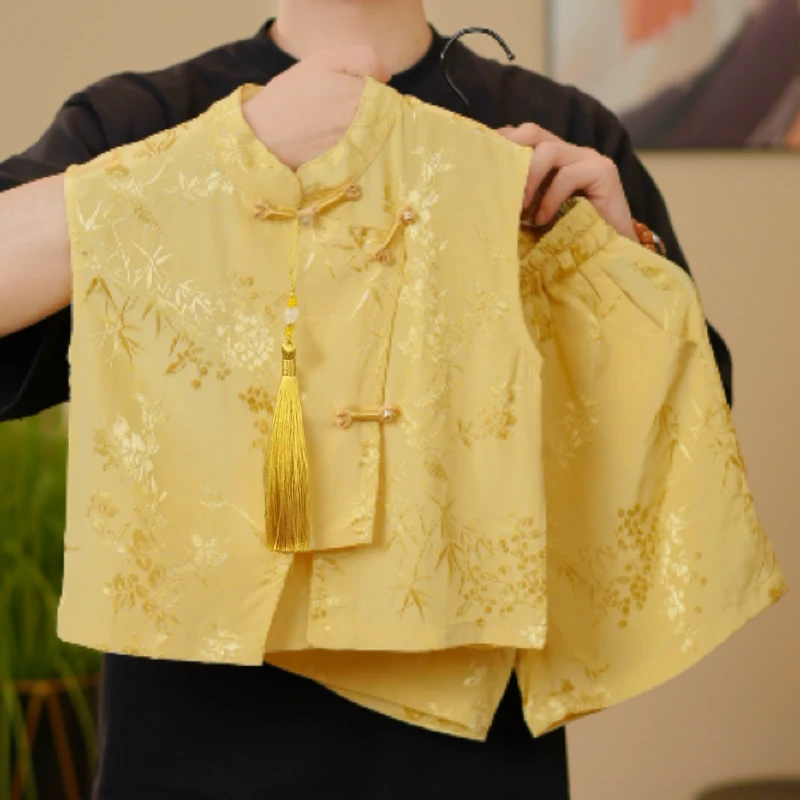 儿童汉服男童女童夏季新款童装宝宝古风短袖短裤薄款 25花卉竹叶