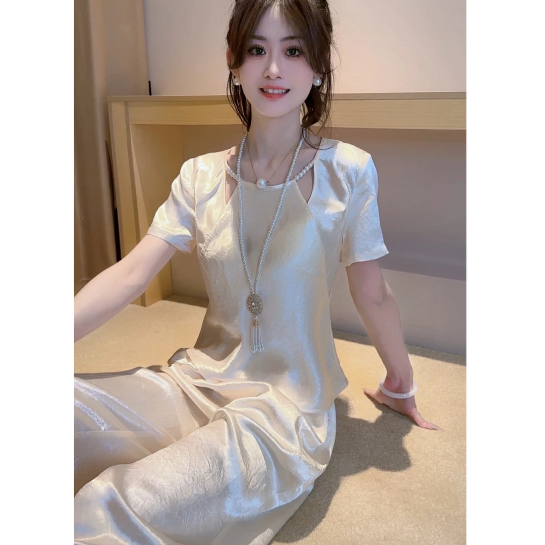 Ling【芳珍】2025夏季T恤新中式短袖珍珠修身洋气时尚薄款短袖T恤