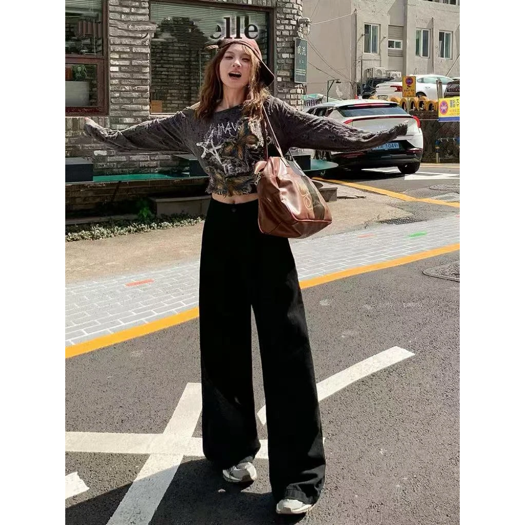 9008#黑色高腰褶皱阔腿牛仔裤女新款慵懒松弛垂感宽松显瘦直筒裤