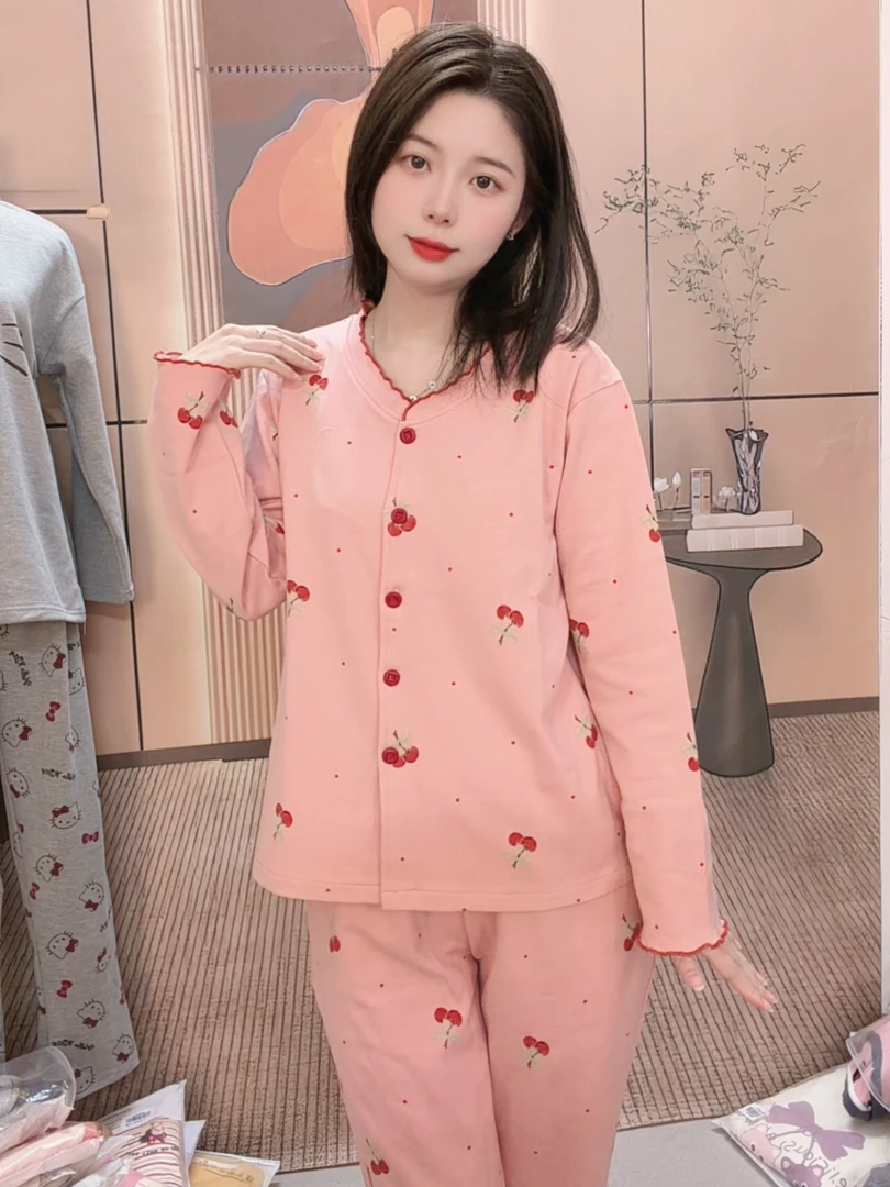 228099粉红色大樱桃带胸垫木耳边睡衣女士休闲家居服套装