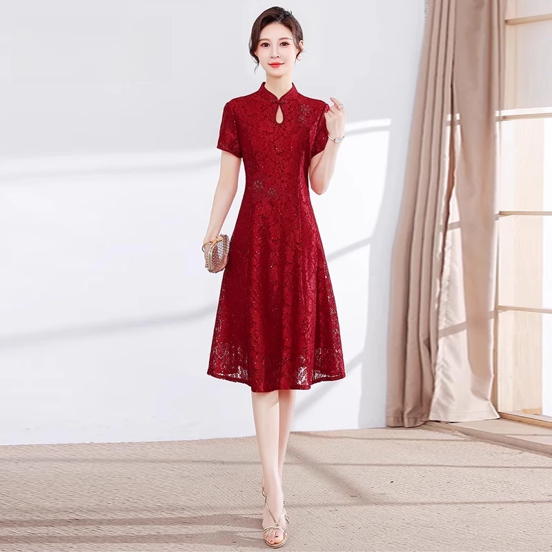 新中式夏连衣裙2024新款女高端喜婆婆婚宴高级感高端旗袍红裙子