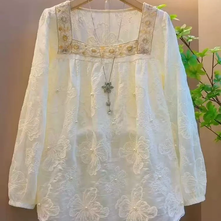 5593大码女装法式提花方领气质小衫