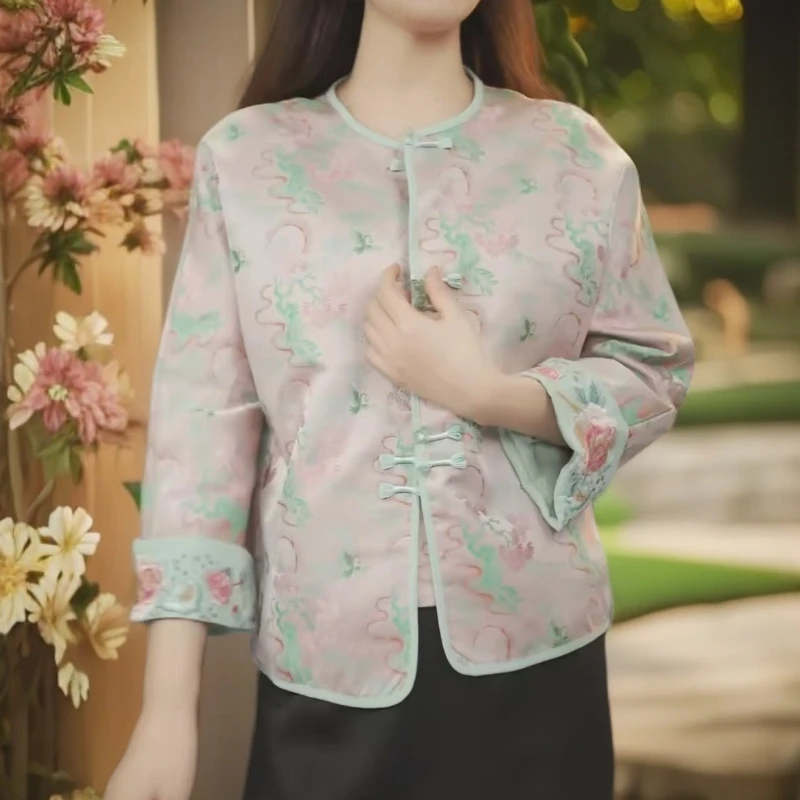 杭州新中式重磅花萝缎粉绿精美绣花女秋款外穿通勤外套2025年新款