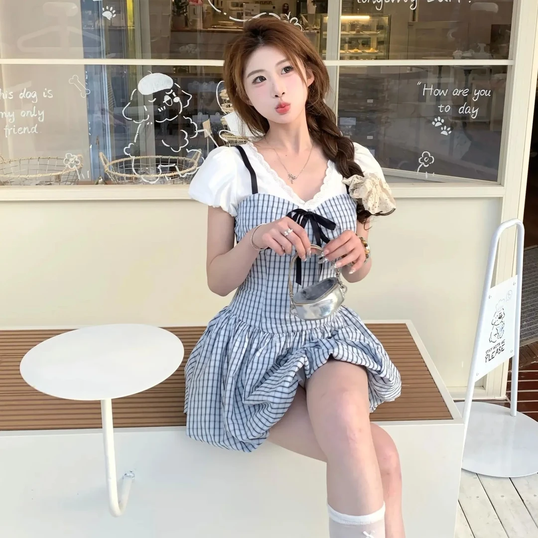 法式复古格子蝴蝶结假两件V领连衣裙女夏季新款设计感收腰短裙子