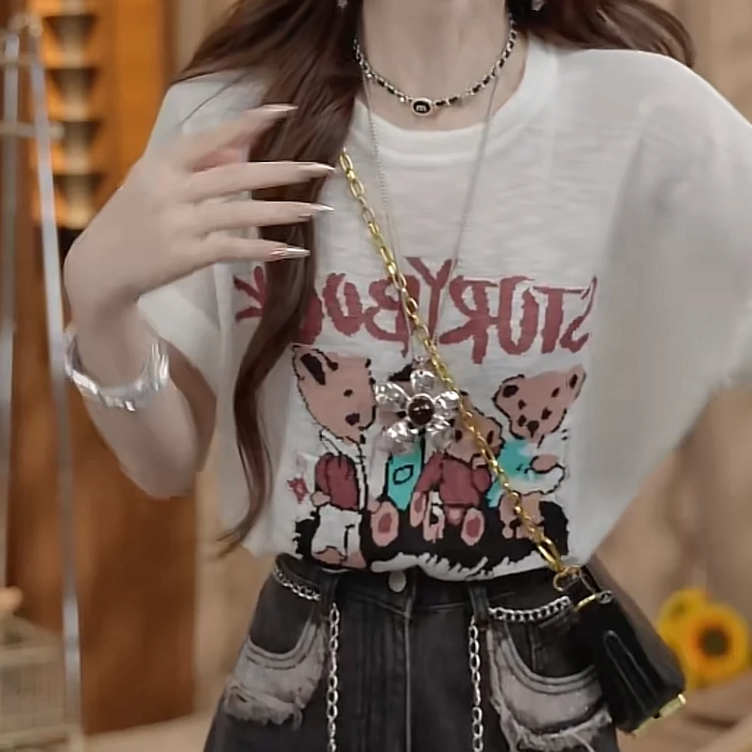 小熊字母印花百搭时尚短袖上衣女2025年夏季新款圆领套头显瘦t恤