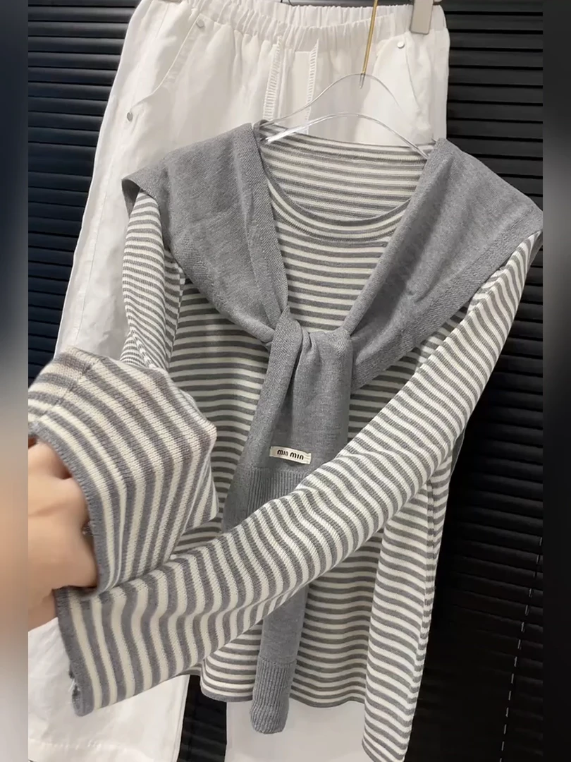 美式复古撞色条纹披肩针织衫女2025秋季新款宽松显瘦休闲长袖上衣