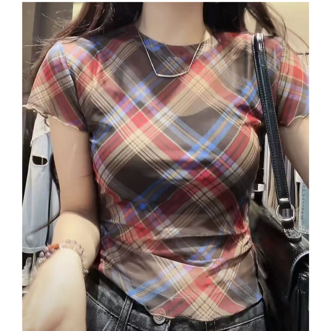 设计感透视菱格圆领显瘦短袖T恤女夏季2025新款复古辣妹格子上衣