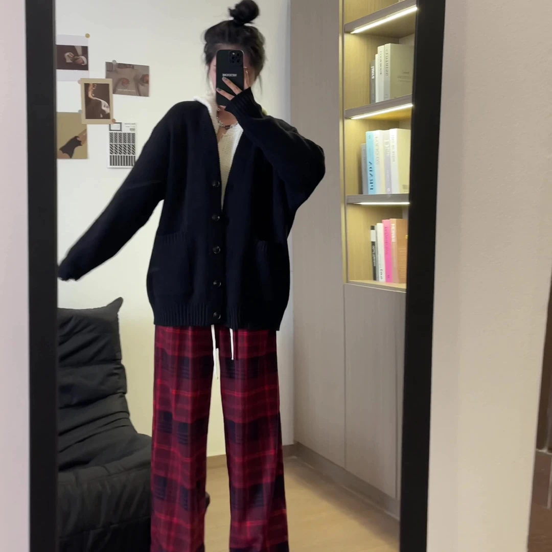 清货加绒格子裤女春秋冬款新款高腰垂感休闲裤显瘦直筒阔腿裤女