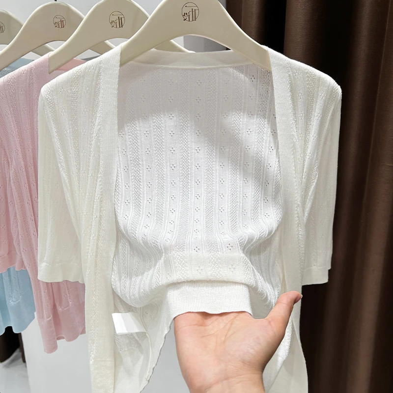 白色镂空针织冰丝防晒开衫女高级感旗袍外搭叠穿披肩薄款短袖上衣