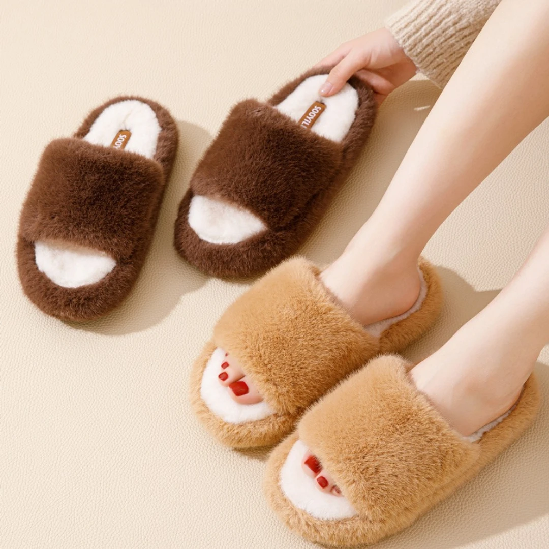 百搭经典毛绒开口拖纯色室内外穿厚底加绒秋冬季时尚毛毛拖