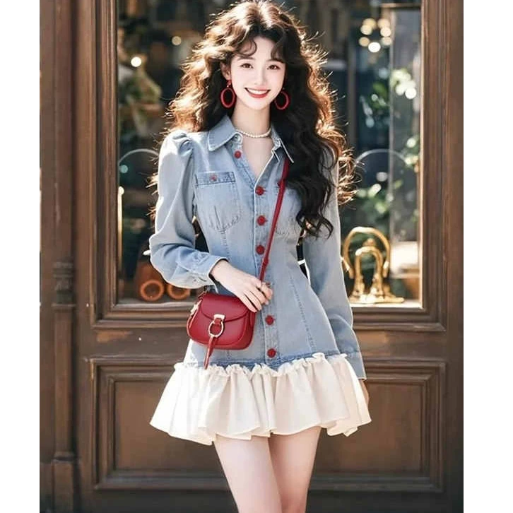 法式设计感拼接牛仔连衣裙女2025春季新款收腰显瘦短裙子时尚女装